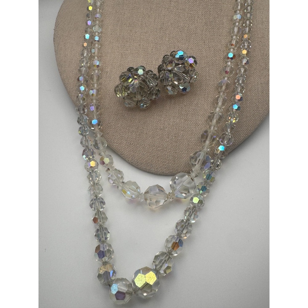 Vintage AB Necklace Set Aurora Borealis Faceted Crystal Bead Graduated 24"